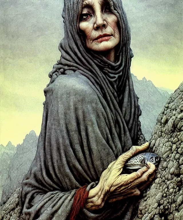 Image similar to A detailed gray-eyed woman with the head of a fish stands among the mountains with a pebble in hands. Wearing a ripped mantle, robe. Extremely high details, realistic, fantasy art, solo, masterpiece, art by Zdzisław Beksiński, Arthur Rackham, Dariusz Zawadzki