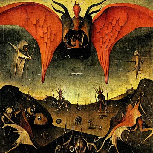 Image similar to vision of hell with winged demons flying over the flames art by hieronymus bosch