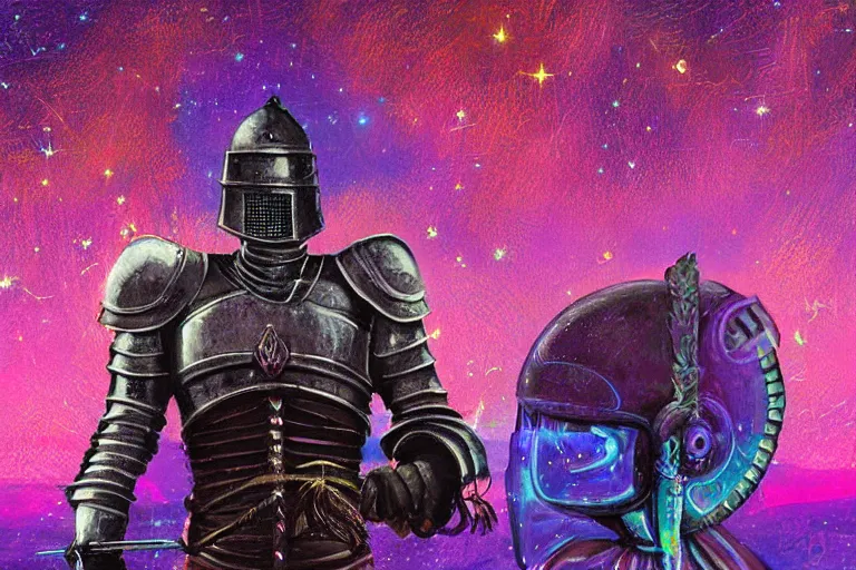 Prompt: digital art of a spiritual medieval knight wearing suit of armor looking up at the stars, acrylic art, universe, painting, pastel colors, synthwave, retro, cyberpunk,