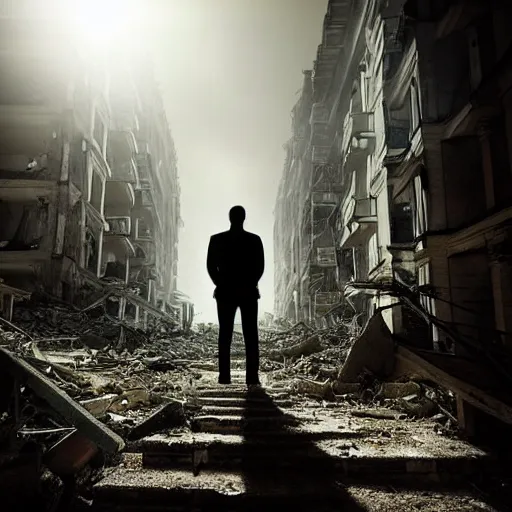 Image similar to A mysterious man standing in the middle of a stair hallway looking in the direction of the camera, the man is using a flashlight in a City in ruins with vegetation growing from the destroyed buildings :: apocalyptic, gloomy, desolate :: long shot, low angle, dramatic backlighting, symmetrical photography :: cinematic shot, highly detailed