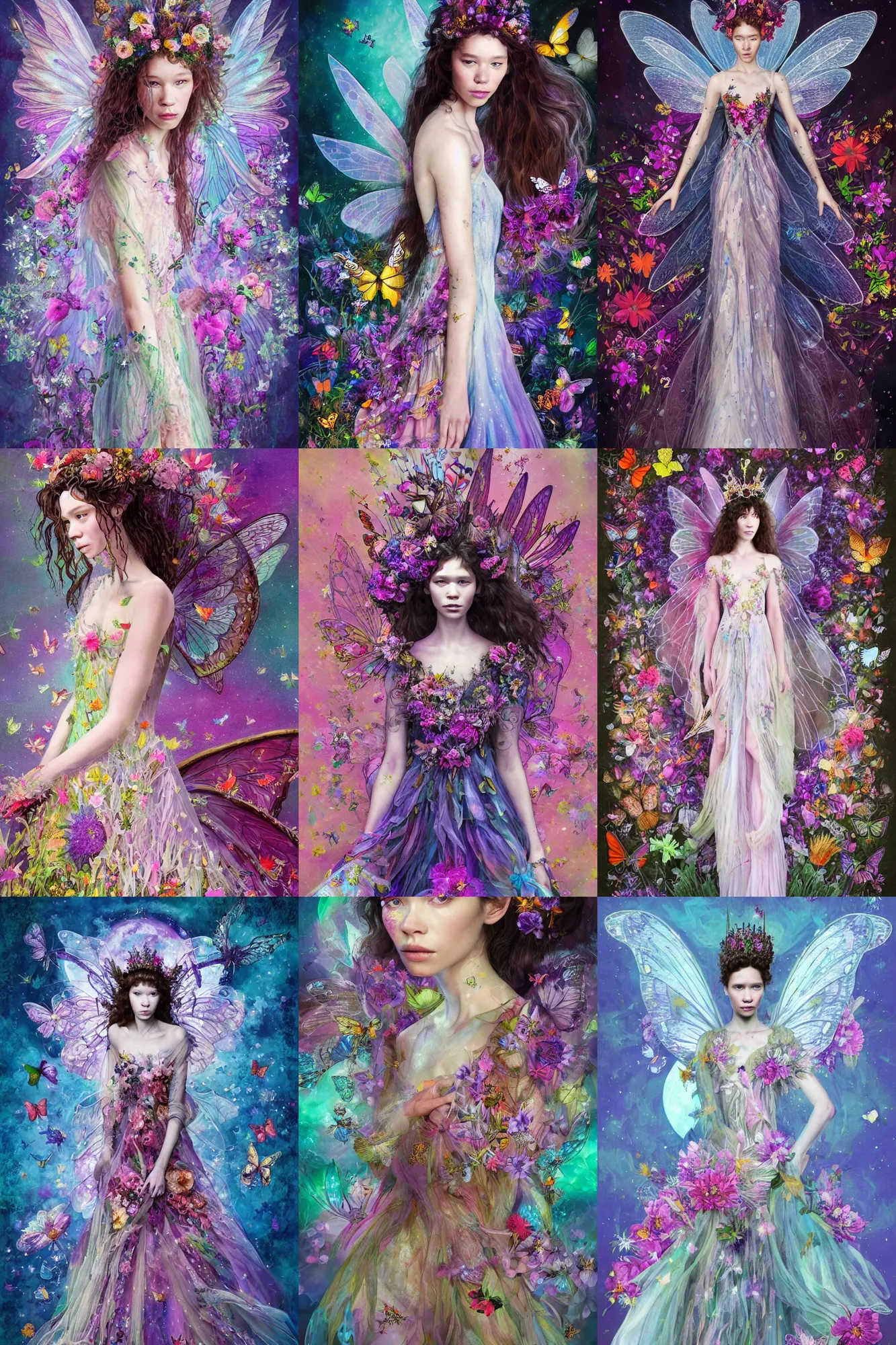 Prompt: masterwork full body portrait of astrid berges frisbey as a fairy queen. digital illustration. wearing a dress made out of flowers and butterflies. she is fading into space. trending on art station, fluid, dreamy, ethereal, vivid colours. sharp focus. wow! in the style of annie stegg,