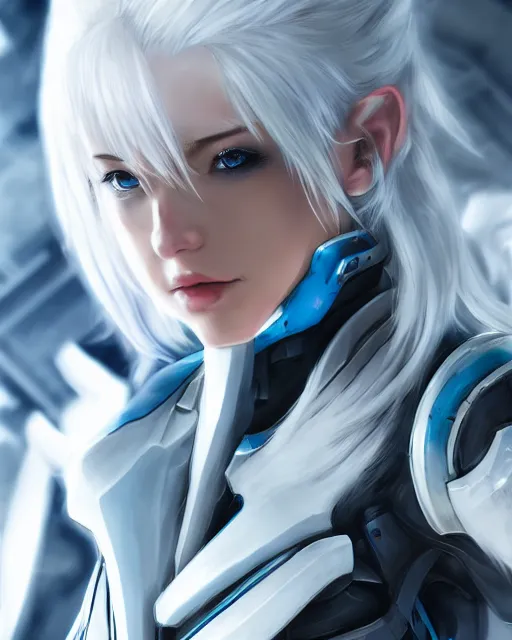 Image similar to perfect white haired girl, warframe armor, beautiful, dreamy, half asian, pretty face, blue eyes, detailed, windy weather, scifi platform, laboratory, experiment, 4 k, ultra realistic, epic lighting, cinematic, high detail, masterpiece, akihito tsukushi