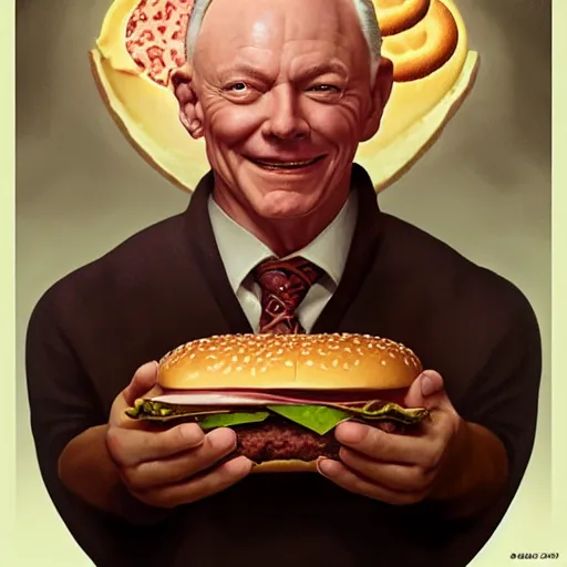 Prompt: portrait of Jerry Jones eating hamburgers, extra onions and ketchup, luscious patty with sesame seeds, feminine ethereal, handsome, D&D, fantasy, intricate, elegant, highly detailed, digital painting, artstation, concept art, matte, sharp focus, illustration, art by Artgerm and Greg Rutkowski and Alphonse Mucha