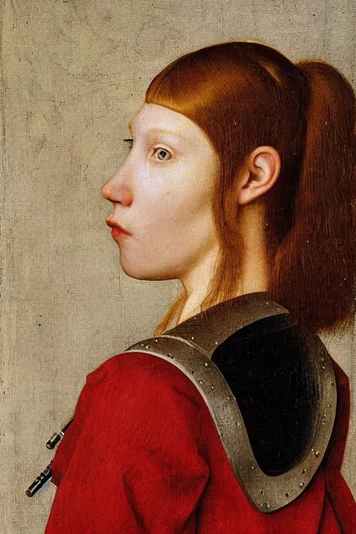 Image similar to a close - up portrait of a cyberpunk cyborg girl, by jan van eyck, rule of thirds