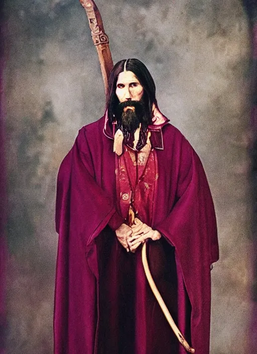 Image similar to full body portrait of a 30 year old RASPUTIN wearing a highly detailed deep purple and crimson robe with cloak holding a sickle in his right hand. Cinematic dynamic lighting with backlight. ACTION POSE. portrait by Annie Leibovitz