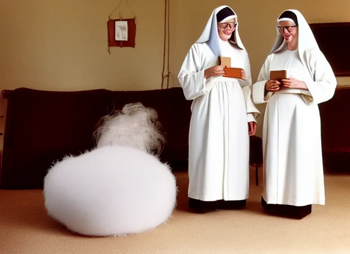 Prompt: realistic photo of a two medieval female nuns scientists wearing white cotton robes, doing an experiment with a fluffy furry fur cloud, living room interior is made of wood 1 9 9 0, life magazine reportage photo, natural colors