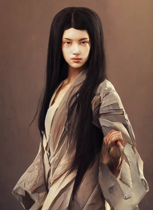 Image similar to a professional painting of a beautiful young female, wearing an origami kimono, olive skin, long dark hair, beautiful bone structure, symmetrical facial features, intricate, elegant, digital painting, concept art, smooth, sharp focus, illustration, from Metal Gear, by Ruan Jia and Mandy Jurgens and Artgerm and William-Adolphe Bouguerea