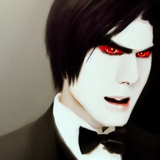 Image similar to full face shot of a handsome butler with straight black hair, a red highlight, long bangs, with alligator eyes, creepy smile, fancy, ultra detailed, brush strokes, digital painting, cinematic, wlop artstation, pixiv, intimidating glare, yoshitaka amano, andy warhol, ultra realistic,