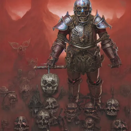 Prompt: anthropomorphic shiba inu, red metal skullknight armor, standing, cementary of skulls, fantasy 3 d render, masterpiece, red aura, by donato giancola and greg rutkowski and wayne barlow and zdzisław beksinski, realistic face