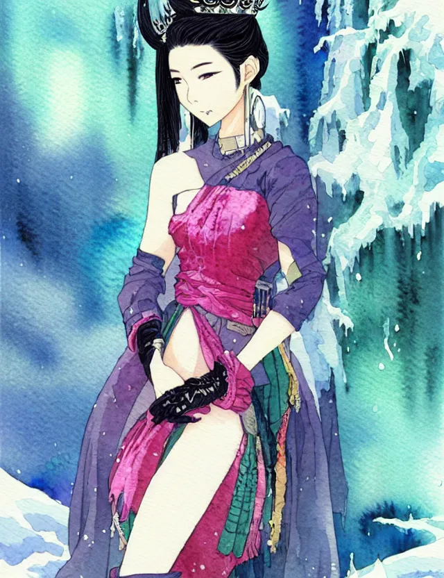 Prompt: southeast asian princess of the snowy mountains, wearing a lovely dress with cyberpunk elements. this watercolor painting by the award - winning mangaka has an interesting color scheme, plenty of details and impeccable lighting.