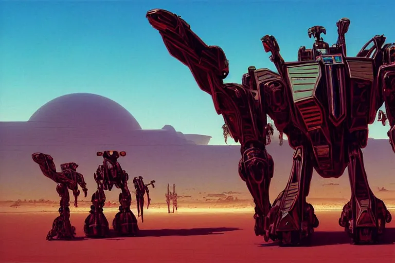 Image similar to gigantic mecha walking through the desert, futuristic, fantasy, intricate, elegant, dramatic lighting, highly detailed, lifelike, photorealistic, artstation, concept art, smooth, sharp focus, illustration, art by syd mead and beksinski and john blanche and paul dainton