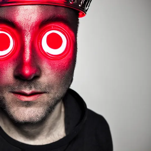 Prompt: man with a crown, smirk, photograph, black backgrounds, glowing red eyes, sharp, handsome