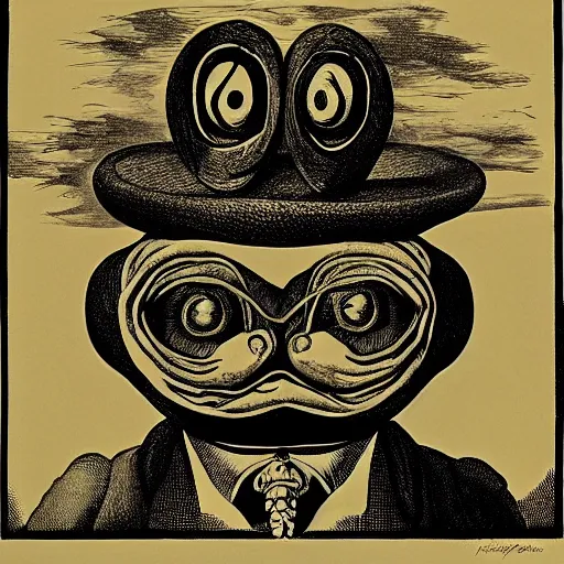 Prompt: portrait of pepe the frog by goya and escher and hogarth, illusion surreal art, highly conceptual figurative art, intricate detailed illustration, controversial poster art, polish poster art, geometrical drawings, no blur