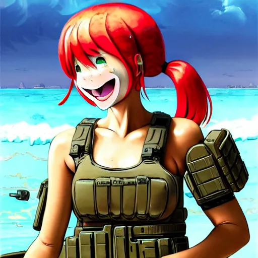 Image similar to Extremely Detailed and Full Portrait scene of Gooey Ocean scene in ink and refined sand, Red head pigtail anime woman with Military gear. Wearing a Army vest full body smiling while eating a sloppy cheese burger. The cheeseburger is leaking red sauce all over the beach by Akihito Yoshitomi AND Yoji Shinkawa AND Greg Rutkowski, Mark Arian artstation, pixiv