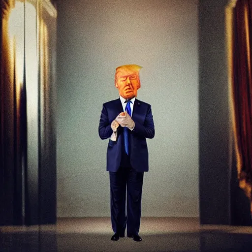 Image similar to “Hyperrealistic photo of Donald Trump standing in Fifth Avenue with a gun, atmospheric lighting, award-winning crisp details”