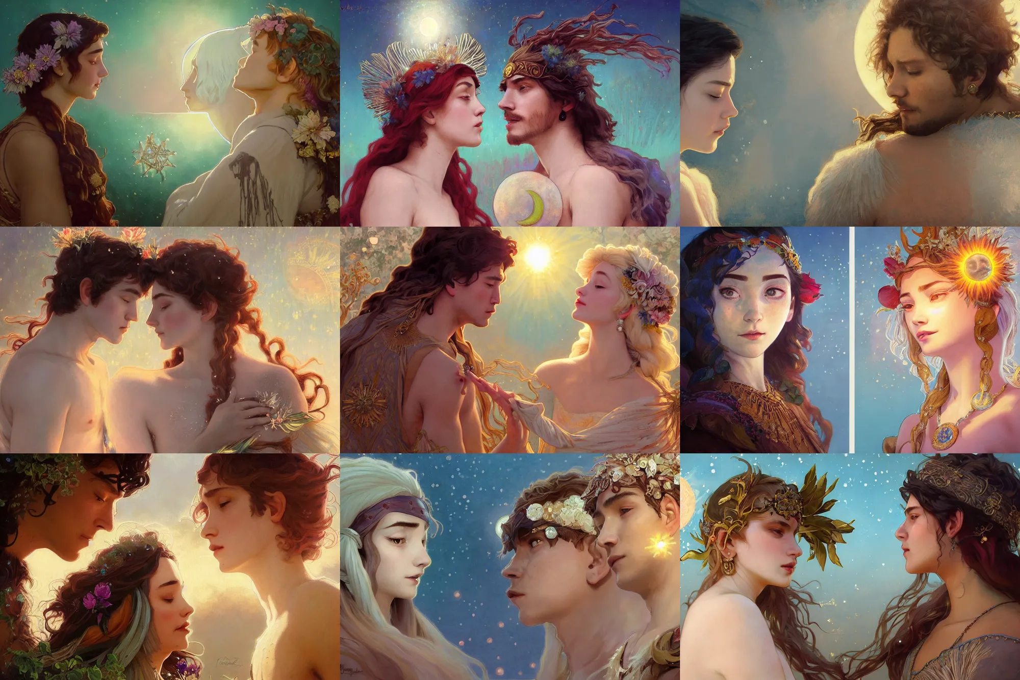 Prompt: a cinematic tender beautifully close up moment of a young sun god and moon goddess magician lovers facing each other, portrait, goodbye wearing boho sunhat with peonies, Frozen Klaus film, elegant, digital painting, artstation, concept art, illustration, Frozen II art masterpiece by art by Krenz Cushart, Artem Demura, alphonse mucha, yoji shinkawa, ArtGerm, Jon Lothian, Danilo Torres, Adi Meyers, Thomas Reimann, Gaston Bussiere