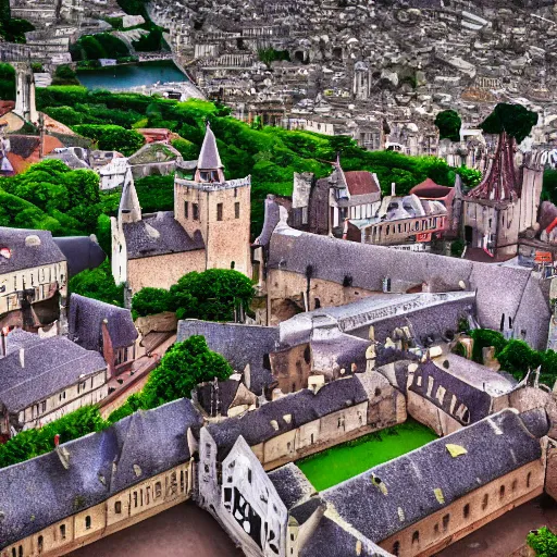 Prompt: tilt shift photo of a medieval walled city