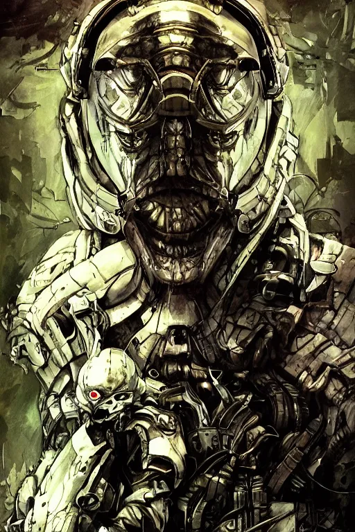 Image similar to predator illustrated by yoji shinkawa, science fiction horror action, skilled, technologically advanced alien, ink, digital painting, highly detailed, trending on artstation, sharp focus, illustration, concept art, norman rockwell