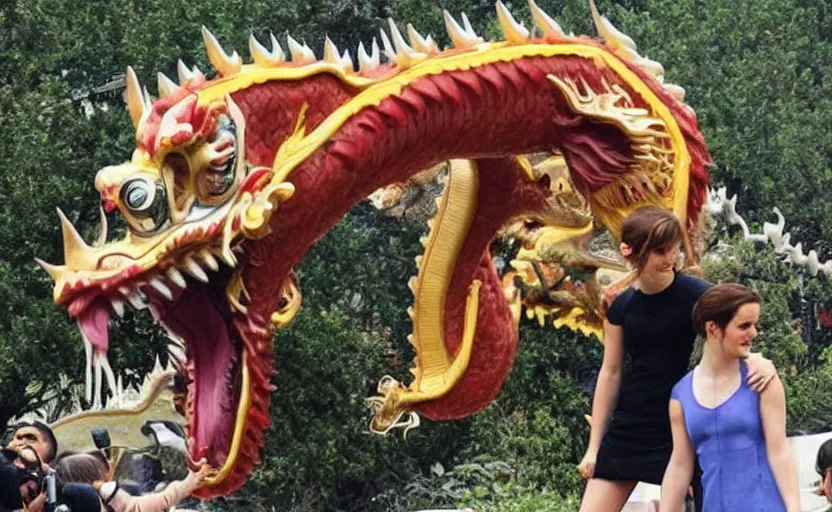 Prompt: Emma Watson riding a Chinese dragon