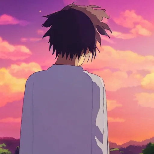 Image similar to friendly guy with Fragile looking portrait face colorful sky made by Studio Ghibli highly detailed art, beautiful scene, sharp focus, smooth, 8k, anime art