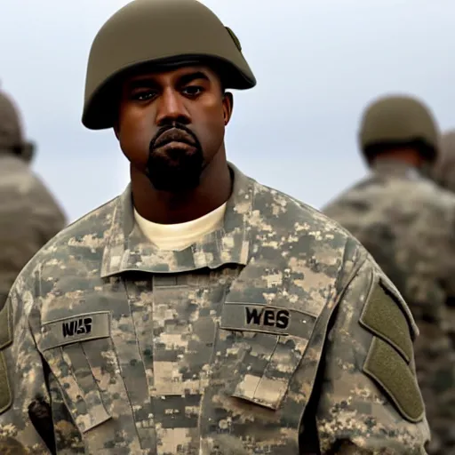 Image similar to kanye west as a us army soldier, cinematic lighting, photorealistic