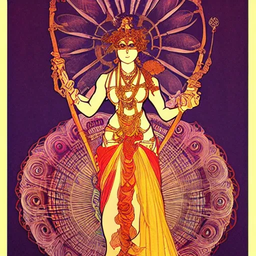 Image similar to hindu goddess of firespinning, by alphonse mucha, burning man, fire poi, fire staff, tesseract, intricate