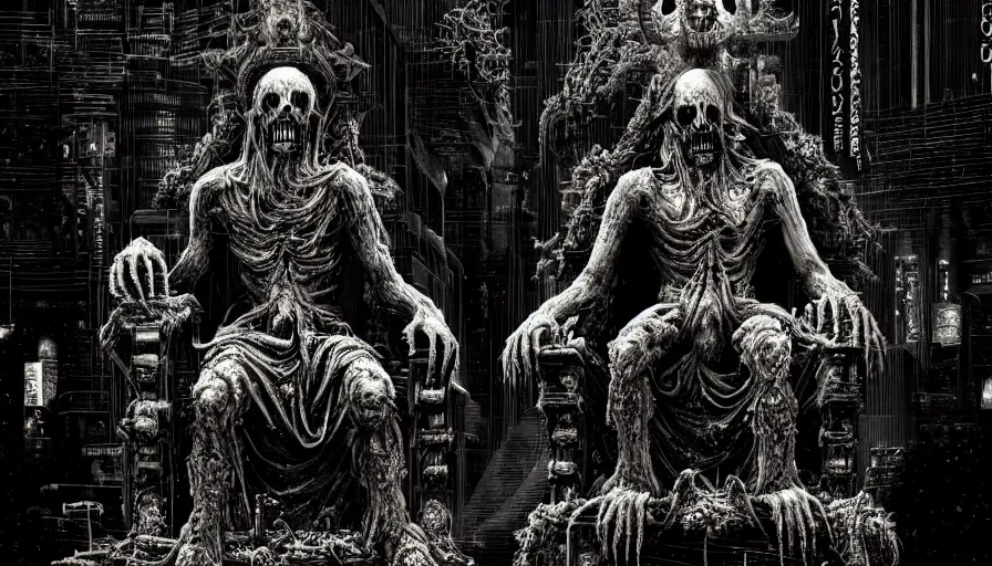 Prompt: highly detailed dark rotting god god sitting on a throne of bodies, night, death, fear, horror, religion, in style of minecraft, monochrome, cyberpunk, by caravaggio, hyperrealism, detailed and intricate environment