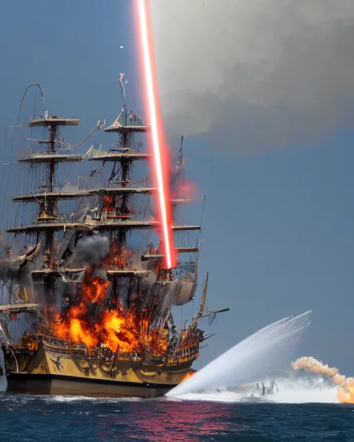 Prompt: action photography of an explosion caused by a laser beam on a pirate ship, fast shutter speed, high speed, action photo, 1/1000 sec shutter