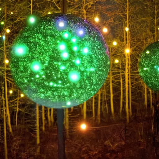 Image similar to forrest illuminated by glowing spheres, night, 5 5 mm