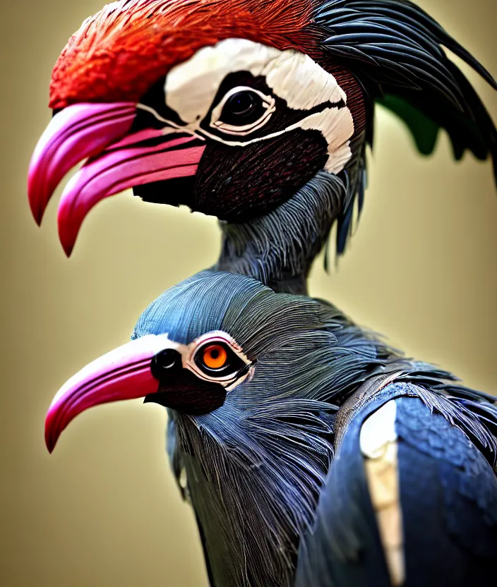 Image similar to a high resolution realistic photo portrait of a birdlike sculpture creature made of birds merged, creature wrinkles pheasant, feathers exotic morphing hoopoe, morphing wings king vulture head