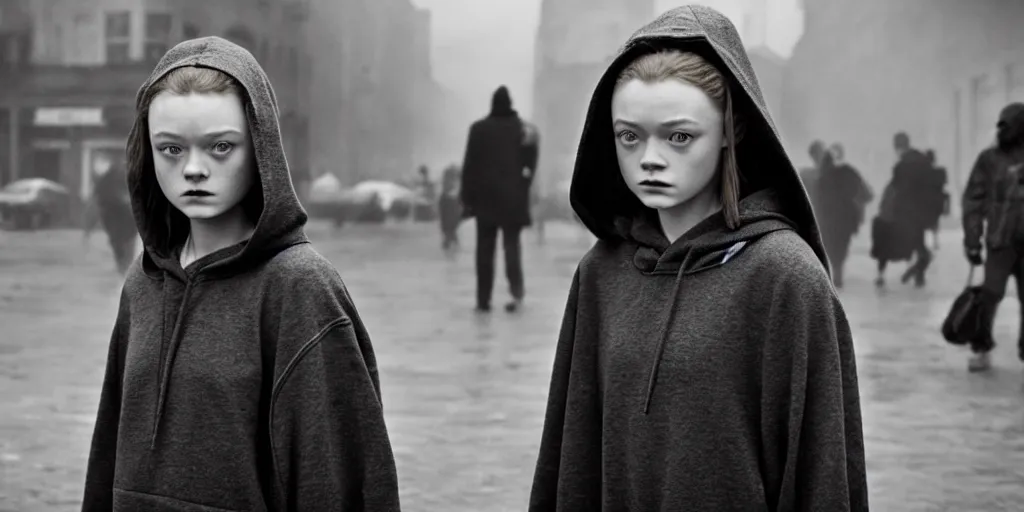 Image similar to sadie sink in hoodie offers closed umbrella to pedestrian in ruined square, pedestrians ignore her : grainy b & w 1 6 mm film, 2 5 mm lens, single long shot from schindler's list by steven spielberg. cyberpunk, steampunk. cinematic atmosphere and composition, detailed face, perfect anatomy