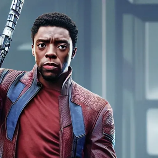 Image similar to film still of Chadwick Boseman as Star Lord in Guardians of the Galaxy