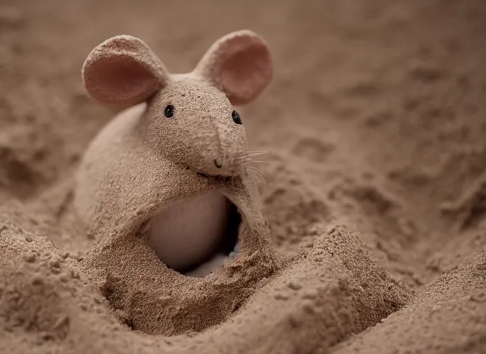 Prompt: dslr photo still of a mouse inside a perfect sandcastle, 8 k, 8 5 mm f 1. 4