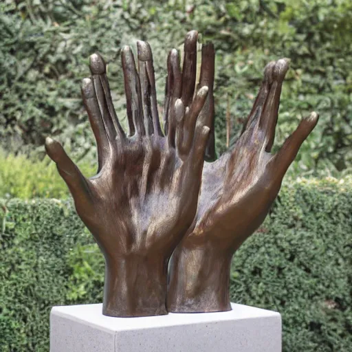 Image similar to a giant cluttered pile of oversized hands standalone bronze sculpture