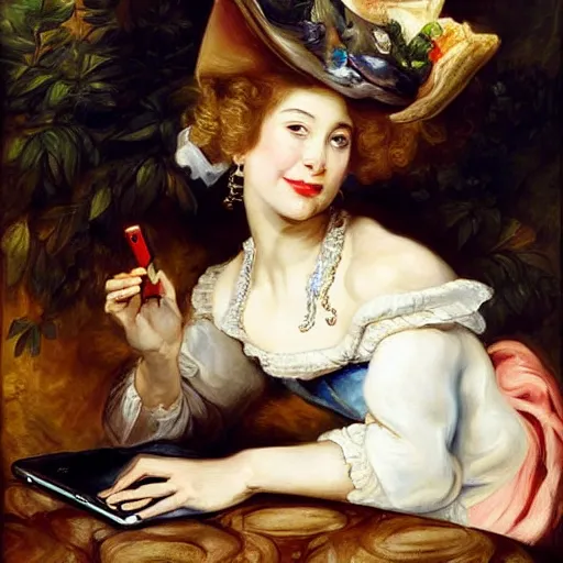 Image similar to heavenly summer sharp land sphere scallop well dressed lady looking at her laptop while drinking a starbucks coffee auslese, by peter paul rubens and eugene delacroix and karol bak, hyperrealism, digital illustration, fauvist