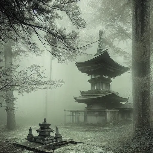 Image similar to Japanese abandoned temple in the woods, dark, moody, foggy, mysterious by Marc Simonetti