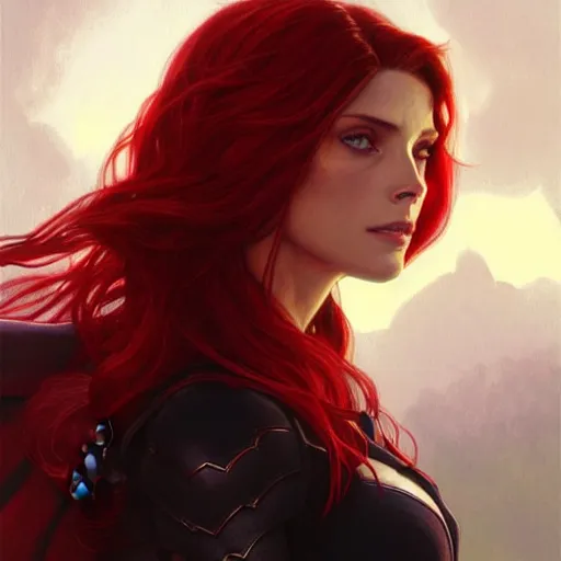 Prompt: Ashley Greene with red hair as Scarlet Witch, western, D&D, fantasy, intricate, elegant, highly detailed, digital painting, artstation, concept art, matte, sharp focus, illustration, art by Artgerm and Greg Rutkowski and Alphonse Mucha