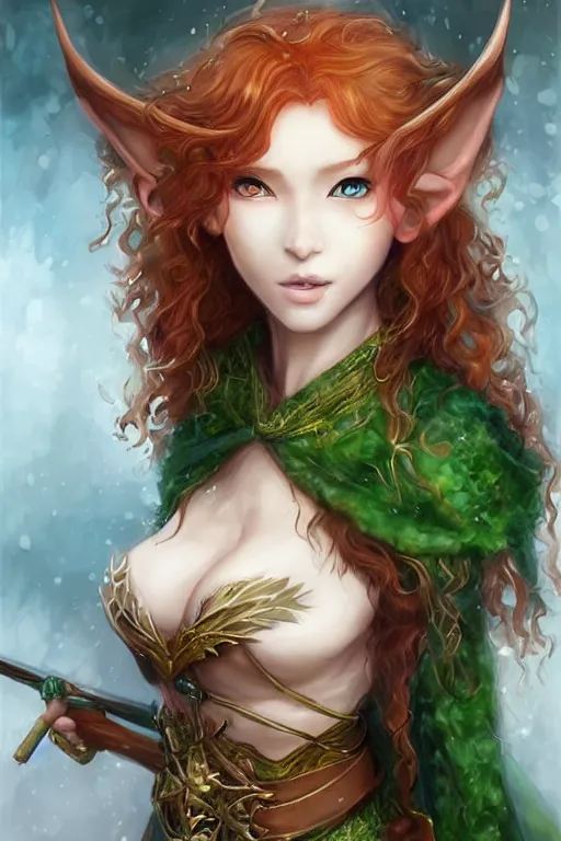 Prompt: A realistic anime portrait of long curly haired redhead female elf ranger wearing an intricate fantasy ranger outfit, asian facial features, green eyes, digital painting, by Stanley Artgerm Lau, Sakimichan, WLOP and Rossdraws, digtial painting, trending on ArtStation, SFW version