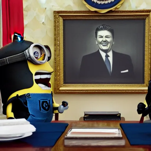 Image similar to a minion meeting president ronald reagan, zoom photograph, oval office, despicable me minions