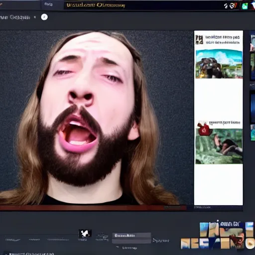 Image similar to jesus christ twitch stream, mouth wide open with his hands on his head, screenshot