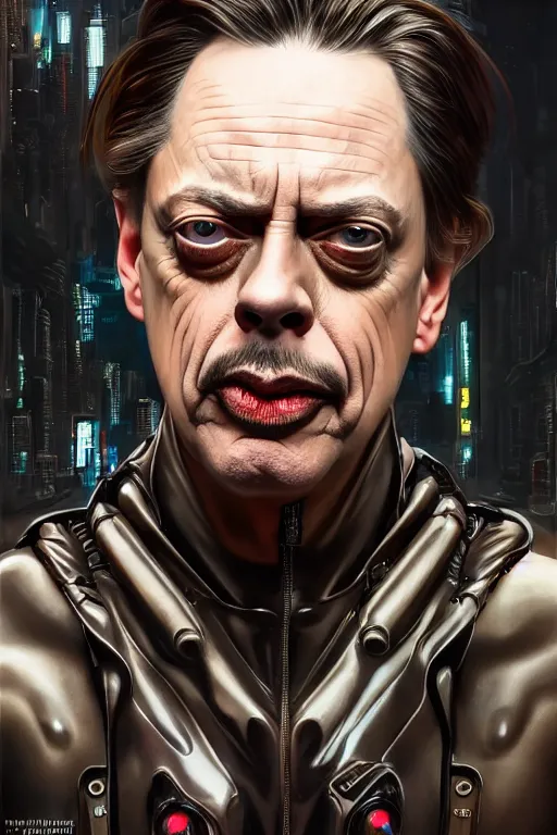 Prompt: wow! 3 / 4 stunning photorealistic portrait of steve buscemi in a kowloon cyberpunk cityscape, biomechanical bodysuit, oppai proportions, acid rain, dark fantasy by artgerm and clay mann and sorayama and alphonse mucha, very realistic, hyperdetailed, trending on artstation, octane render