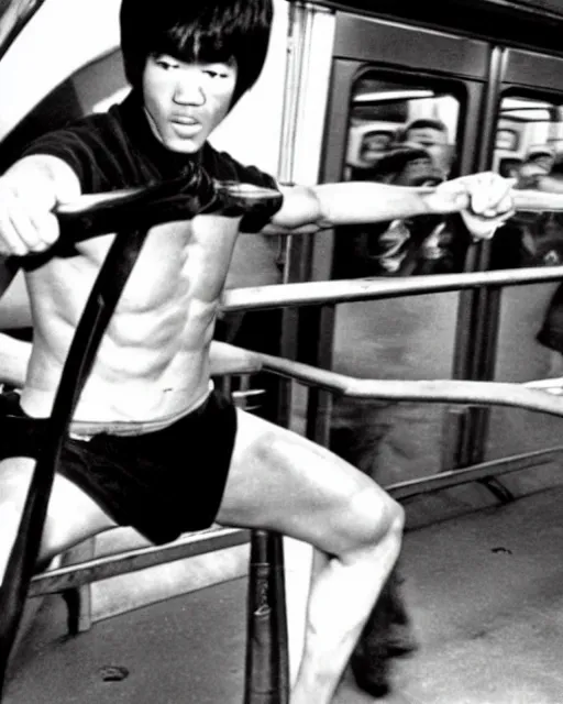 Image similar to bruce lee demonstrates using his nunchucks while riding a subway train