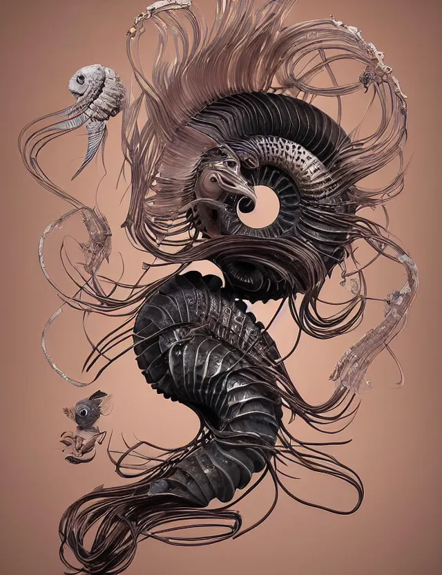 Image similar to 3 d goddess nautilus half - turn portrait with long hair with ram skull. beautiful intricately detailed japanese crow kitsune mask and clasical japanese kimono. betta fish, jellyfish phoenix, bio luminescent, plasma, ice, water, wind, creature, artwork by tooth wu and wlop and beeple and greg rutkowski