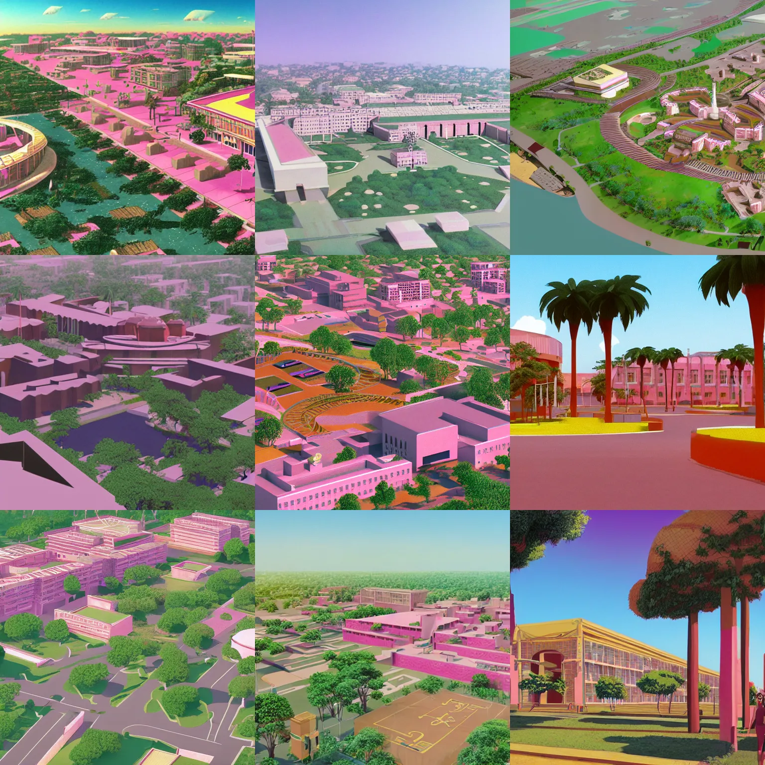 Prompt: senegalese college university campus in the year 1 9 7 0, beautiful landscape, realistic concept art render, by studio ghibli and dwayne mcduffie and denys cowan, hot pink and gold color scheme, 3 2 k, hd, intricate details, epic composition