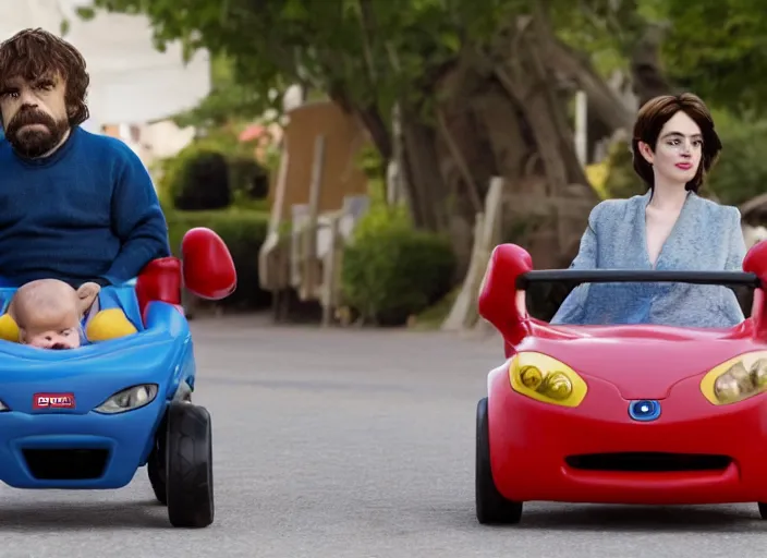 Image similar to peter dinklage and anne hathaway driving a little tikes cozy coupe, movie still, from the new fast 5, 8 k, realistic