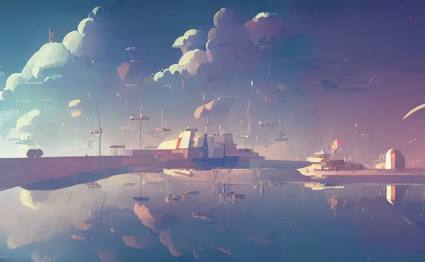 Prompt: ship building factory on clouds, james gilleard, moebius, print, game art