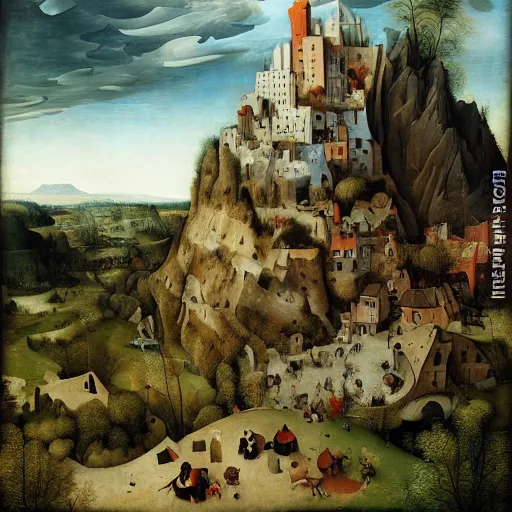 Prompt: a portrait of a character in a scenic environment by jeff christensen | a building in a stunning landscape by pieter bruegel the elder