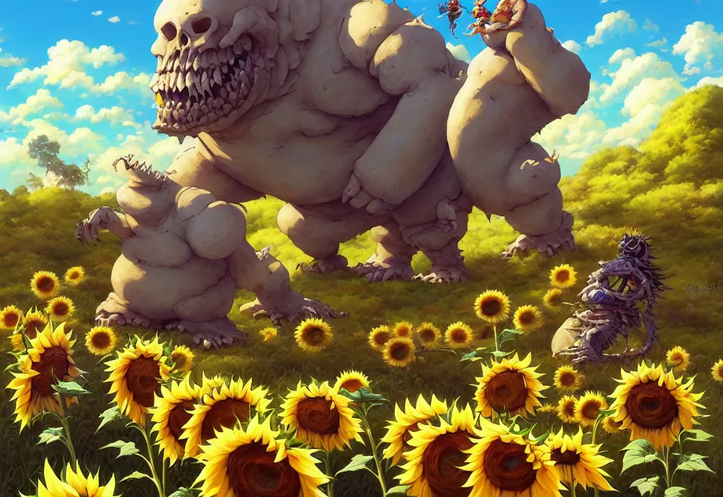 Image similar to chubby giant monster bones in the countryside with sunflower in the foreground, intricate oil painting, high detail illustration, sharp high detail, manga and anime 1 9 9 9, official fanart behance hd artstation by jesper ejsing and makoto shinkai, 4 k,