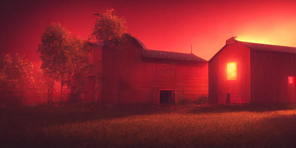 Image similar to a highly detailed photographic render of a barn with glowing red windows at night, a giant insect leans over it, beautifully lit, ray traced, octane 3D render, octane render, unreal engine