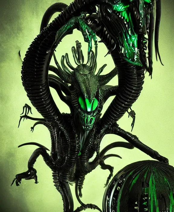 Image similar to xenomorph queen goth model hybrid, dragon eggs, dark emerald mist colors, giger background liminal void, cinematic lighting, realistic, award winning photograph, various refining methods, micro macro autofocus